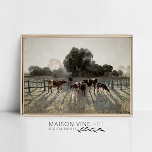 Farmhouse Decor | Cow Pasture Landscape | Printable Wall Art | Vintage Art Print | Vintage Landscape | Moody Rustic Cattle Nature | 1585