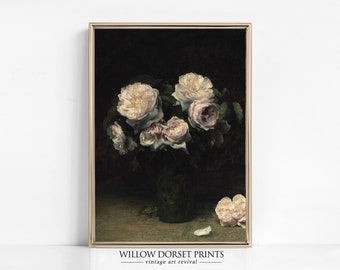 Humeurige bloemenprint | Donker Botanisch | Vintage rozen wanddecoratie | Bloem kunstprint | Donkere academische wereld | Antiek afdrukbaar schilderij | 1013B
