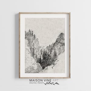 Mountain Forest Sketch Print | Printable Vintage Download | Rustic Landscape Sketch | Pine Tree Art Drawing | Neutral Wall Decor | 1102