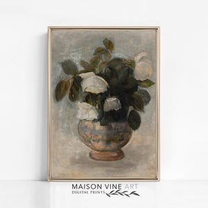 Vintage Muted Still Life | Antique Flower Painting | Vintage Art Print | Neutral Wall Decor | Floral Print | White Rose Printable Art | 1003