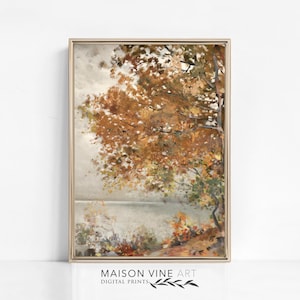Autumn Tree Print | PRINTABLE Nature Art | Rustic Fall Decor | Vintage Fall Colors | Autumn Leaves Wall Art | Vertical Lake Landscape | 1347