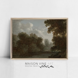 Moody Landscape Painting | Printable Wall Art | Rustic Home Decor | Dark Green Print | Vintage Landscape | Antique Country Tree Print | 1713