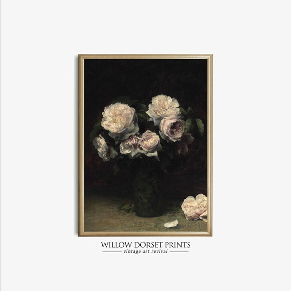 Vintage White Rose Still Life | Moody Botanical Wall Art Digital Download | 1013