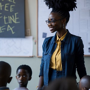 A Black Educator with a Messy Bun, standing in front of a classroom full of students, giving a lecture on the power of creativity.