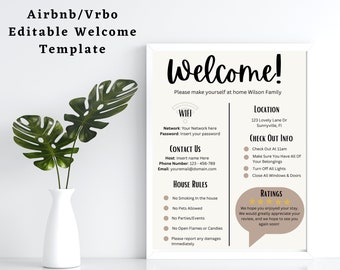 Plantilla minimalista de signo de bienvenida de Airbnb de 1 página, guía de bienvenida AirBnB, signo de instrucciones de salida de alquiler de Airbnb, plantilla de signo WIFI de Airbnb