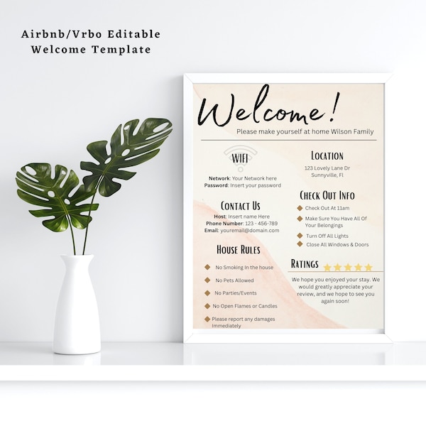 1 Page Airbnb Welcome Sign Template, Welcome Guide AirBnB, Airbnb Rental Check Out Instruction Sign, House Rules, Airbnb WIFI sign Template
