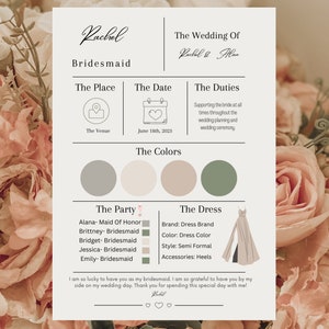 May include: A wedding invitation with text including "Rachel" and "The Wedding Of Rachel & Man." It lists the date as June 18th, 2023, and details about the bridesmaids, dress, and colors. The background features a floral arrangement.