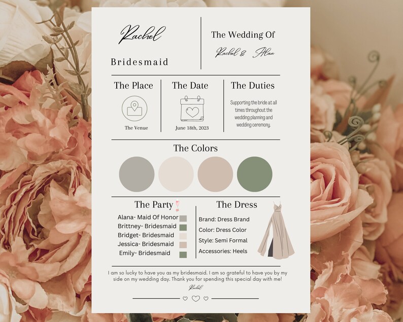 May include: A wedding invitation with text including "Rachel" and "The Wedding Of Rachel & Man." It lists the date as June 18th, 2023, and details about the bridesmaids, dress, and colors. The background features a floral arrangement.