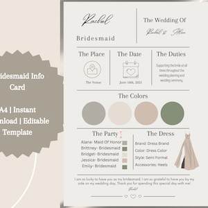Bridesmaid Info Card Template, Bridal Party Info Card, Bridesmaid Information Card, Modern Minimalist Bridesmaid Infographic