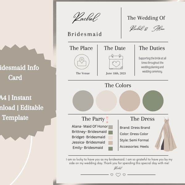 Bridesmaid Info Card Template, Bridal Party Info Card, Bridesmaid Information Card, Modern Minimalist Bridesmaid Infographic