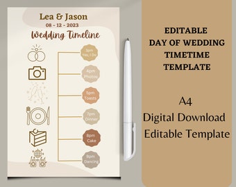 May include: A printable wedding timeline template with a brown and beige color scheme. The template features icons for each event, such as a ring for the ceremony, a camera for photos, and a cake for the reception. The text "Lea & Jason" and "08-12-2023" is at the top of the template. The text "Editable Day of Wedding Timetime Template" is on the right side of the template.
