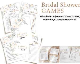 May include: Printable bridal shower games with a floral design. The games include "Find the Guest Bingo", "He Said She Said", "Bridal Shower Tickets", and "Bridal Scramble".