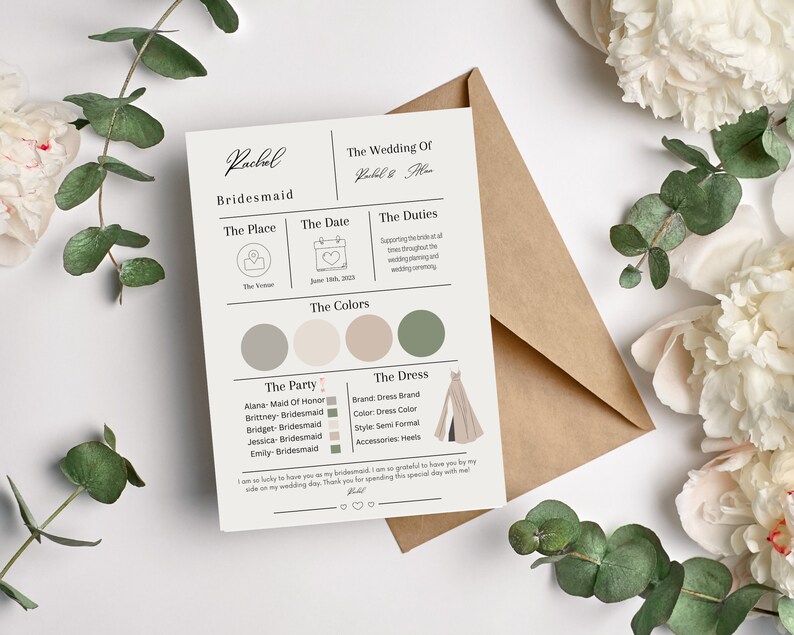 May include: A wedding invitation card with a beige background, featuring text and graphics. The card includes details about the wedding party, date, colors, and dress code. The card is surrounded by white flowers and green foliage.