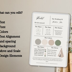May include: A digital wedding invitation template with editable text, font, colors, and design elements. The template includes sections for the place, date, duties, colors, party, and dress details. The design features a neutral color palette and a semi-formal dress illustration.