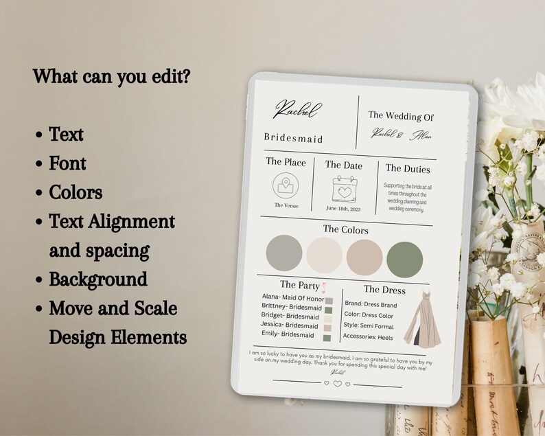 May include: A digital wedding invitation template with editable text, font, colors, and design elements. The template includes sections for the place, date, duties, colors, party, and dress details. The design features a neutral color palette and a semi-formal dress illustration.
