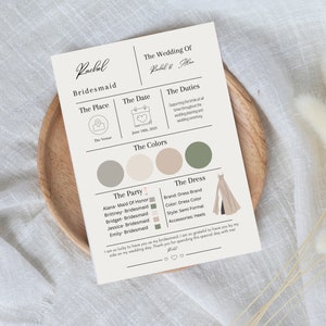May include: A wedding bridesmaid information card with the name "Rachel" at the top. The card includes details about the wedding date, venue, colors, dress, and the bridal party. The card is on a wooden plate.