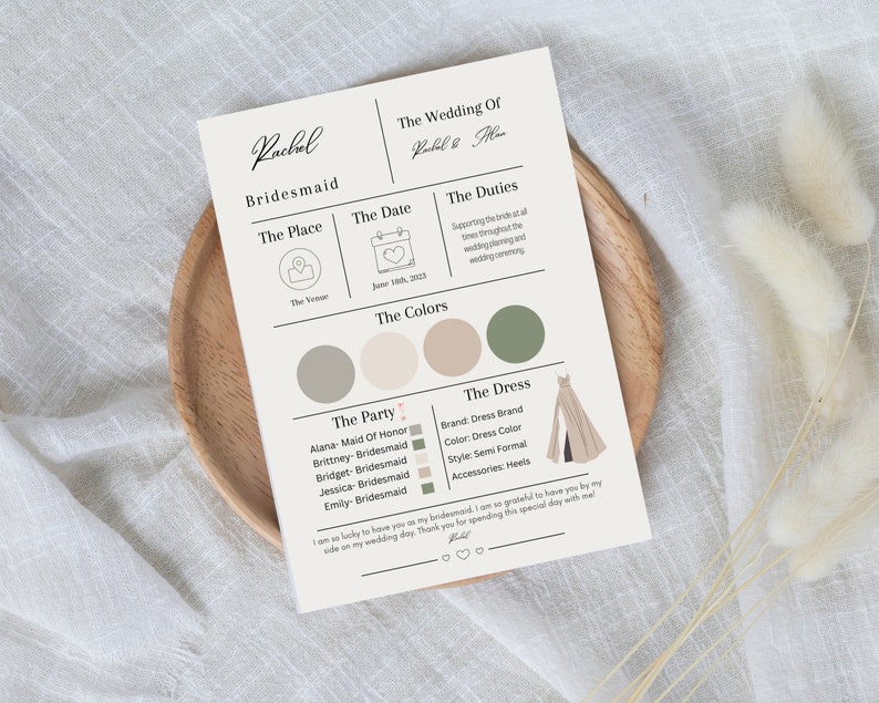 May include: A wedding bridesmaid information card with the name "Rachel" at the top. The card includes details about the wedding date, venue, colors, dress, and the bridal party. The card is on a wooden plate.