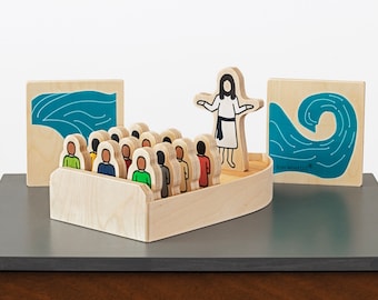 Jesus Calms Storm: Wood Figures, Bible Story Set