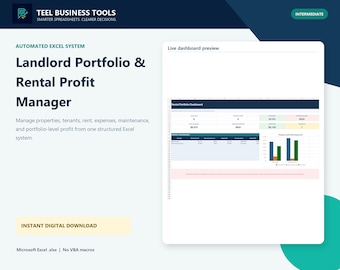 Rental Property Excel Template with Rent, Expenses, Maintenance, and Profit Dashboard