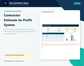 Contractor Estimate Excel Template with Job Costing, Change Orders, and Profit Dashboard
