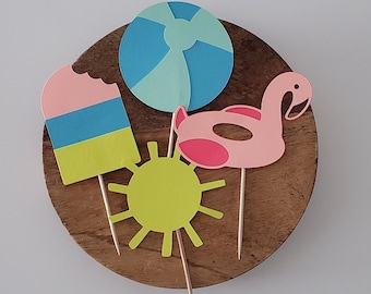 Pool Party Cupcake Toppers Set of 12, Pool Party Decor, Summer Birthday Party, Summer Party, Beach Ball Cupcake Toppers, Flamingo Cupcake