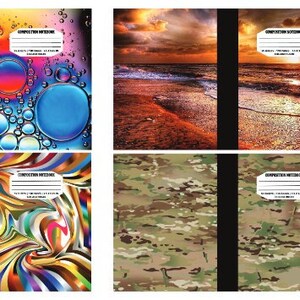 Op de afbeelding: Vier verschillende notitieboekomslagen met kleurrijke ontwerpen. De eerste omslag toont een close-up van kleurrijke bubbels op een zwarte achtergrond. De tweede omslag toont een kleurrijk abstract swirl-ontwerp. De derde omslag toont een zonsondergang boven een strand met golven die op de kust breken. De vierde omslag toont een camouflagepatroon in tinten groen, bruin en beige.