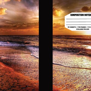 Op de afbeelding: Compositie notitieboek cover met een zonsondergang boven de oceaan met golven die breken op het zanderige strand. De tekst op de cover luidt "COMPOSITION NOTEBOOK", "55 SHEETS | 110 PAGES | 7.5 X 9.25 IN" en "COLLEGE RULED".