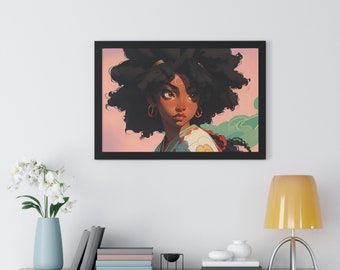 Anime-muurkunst zwart meisje, zwarte afro-anime muurkunst