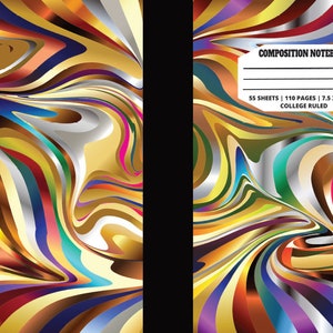 Op de afbeelding: Compositienoteboekomslag met een kleurrijk abstract ontwerp van draaiende lijnen en vormen in tinten goud, rood, blauw, groen en zilver. De tekst "COMPOSITION NOTEBOOK" is op de omslag gedrukt, samen met de details "55 vellen | 110 pagina's | 7.5 x 9.25 in | COLLEGE RULED".