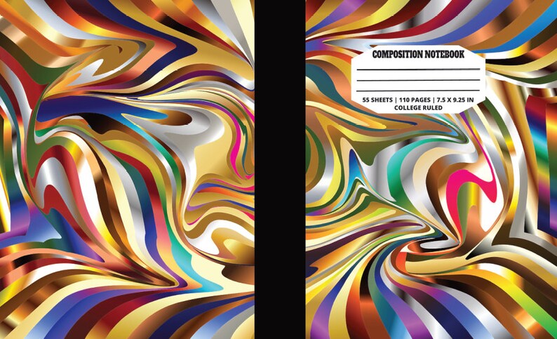 Op de afbeelding: Compositienoteboekomslag met een kleurrijk abstract ontwerp van draaiende lijnen en vormen in tinten goud, rood, blauw, groen en zilver. De tekst "COMPOSITION NOTEBOOK" is op de omslag gedrukt, samen met de details "55 vellen | 110 pagina's | 7.5 x 9.25 in | COLLEGE RULED".
