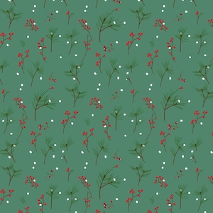 Może przedstawiać: Wzór bez szwów z gałązkami sosnowych igieł i czerwonymi jagodami na turkusowym tle. Białe kropki są rozrzucone po całym wzorze.