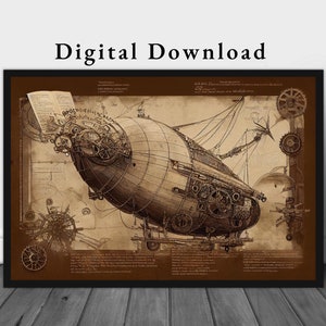 Steampunk Airship Printable Art | Steampunk Schematic Art | Steampunk Blueprint Art Download | Printable Steampunk Art Download | Steampunk