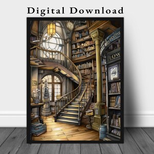 Arte de biblioteca imprimible / Arte de pared de biblioteca imprimible / Arte de pared de biblioteca para niños / Arte de biblioteca lindo imprimible / Descarga de biblioteca de fantasía kawaii