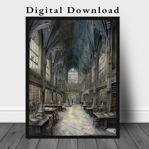 Arte imprimible de biblioteca de magos / Arte imprimible de pared de biblioteca de fantasía / Arte de magos / Arte imprimible de escuela de magos / Arte imprimible de biblioteca de magos
