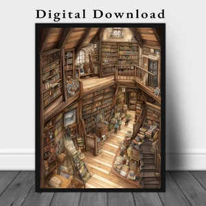 Arte de pared de biblioteca imprimible / Arte de biblioteca imprimible / Arte de biblioteca para niños / Arte de pared de biblioteca lindo imprimible / Descarga de biblioteca de fantasía kawaii