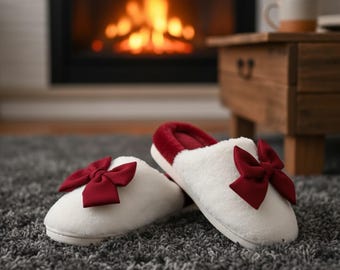 Può includere: Un paio di pantofole bianche e soffici con un fiocco rosso scuro su ciascuna. Anche la fodera interna è rossa. Le pantofole sono su un tappeto grigio, con un camino e un tavolo di legno sullo sfondo.