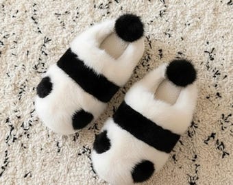 Panda Slippers for Women, Winter Cotton Plush Home Shoes, Thick Sole Anti Slip Full Heel Indoor Slippers