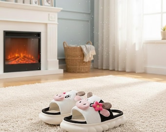 Cute Cartoon Cow Linen Slippers for Women, Summer Open Toe Platform Slides, Thick Sole Non Slip Indoor Outdoor Shoes
