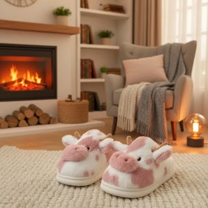 Pantuflas de vaca, zapatos de algodón esponjoso, pantuflas cálidas para hombre y mujer, pantuflas gruesas y acogedoras para el hogar, mocasines con animales adorables