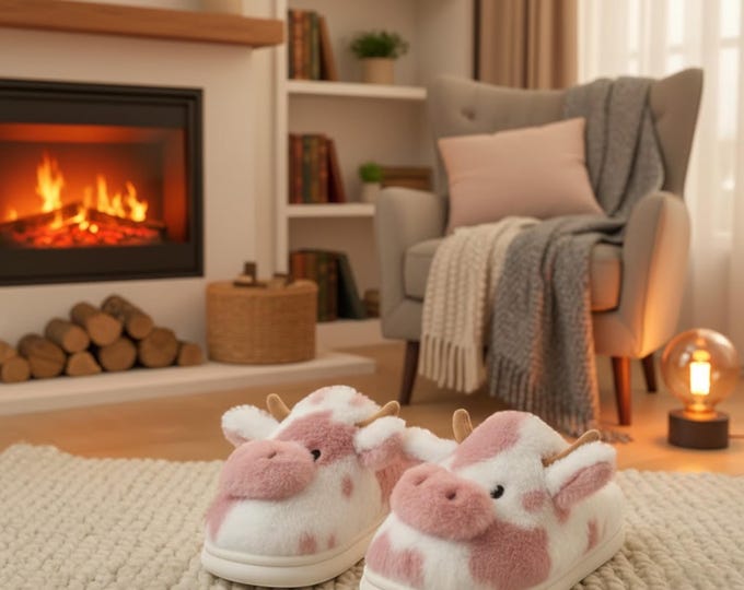 Cow Slippers, Plush Fluffy Cotton Shoes, Warm Indoor Slippers for Men Women, Cozy Thick Home Slides, Cute Animal Loafers