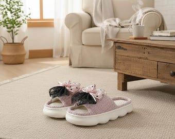 Linnen pantoffels met strik voor dames, ademende katoenen huisschoenen voor binnen, antislip pantoffels met dikke zool voor lente herfst