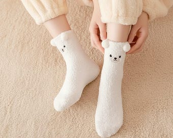 3D Bear Fluffy Socks Women, Winter Warm Fleece Fuzzy Socks, Kawaii Animal Thick Sleep Floor Socks