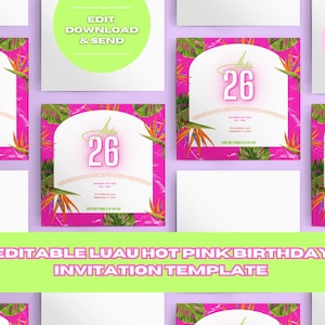 Editable Luau Hot Pink Birthday Invitation Template | Tropical Party Invite | Customizable Hawaiian Theme | Printable Instant Download