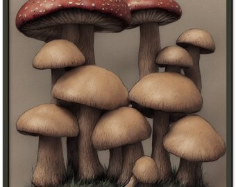 May include: A group of mushrooms with red and white caps and brown stems. The mushrooms are arranged in a cluster, with the largest mushroom in the center. The mushrooms are set against a light brown background.