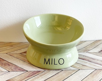 Green Ceramic Personalized Elevated Cat Food Bowl, Ceramic Raised and Tilted Pet Bowl, good for spine Cat Dish, Small dog dish. Spine relief