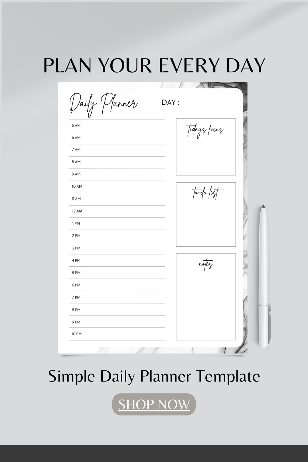 Daily Planner, Printable Daily Planner, Planner Template, Black and ...