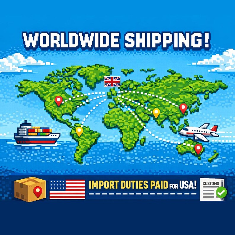 Worldwide shipping graphic with a pixel art world map, ship and aeroplane, noting import duties paid for USA orders.