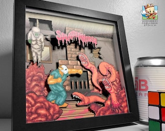 Splatterhouse Hanging Corpse Battle Pixel Art Shadow Box – Retro Horror Game Art – Handmade 3D Layered Framed Art
