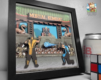 Any Characters - Mortal Kombat Scorpion vs. Sub-Zero Courtyard Pixel Art Shadow Box - Handmade - 3D Layered - Framed