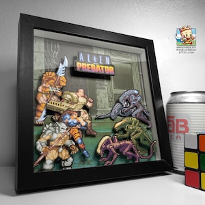 Alien Vs Predator Arcade Pixel Art Shadow Box - Handmade - 3D Layered - Framed